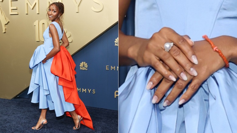 Ayo Edebiri in a blue and orange gown at the 2026 Emmys and a close-up of her nails