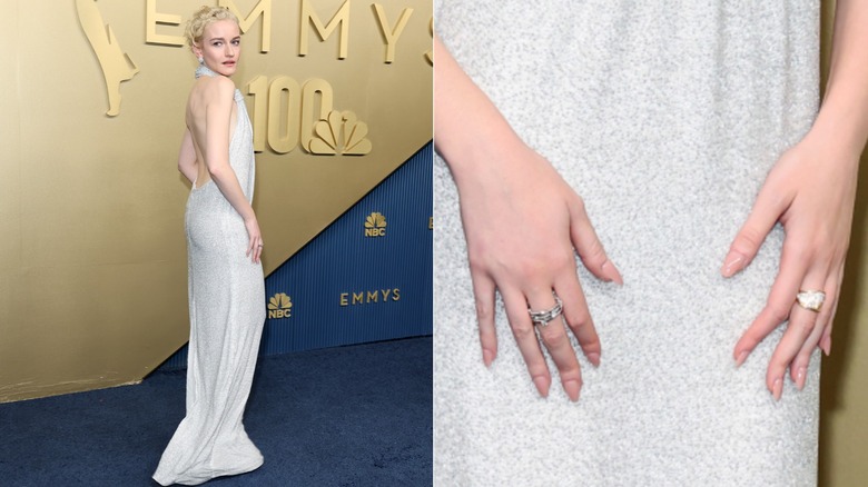 Julia Garner in a white dress at the 2026 Emmys and a close-up of her nails