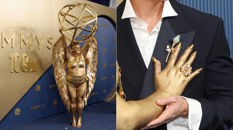 Megan Stalter in a gold winged outfit at the 2026 Emmys and a close-up of her nails