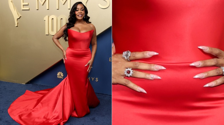 Niecy Nash in a red gown and a close-up of her pink nails