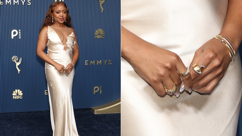 Quinta Brunson in a cream gown and a close-up of her nails