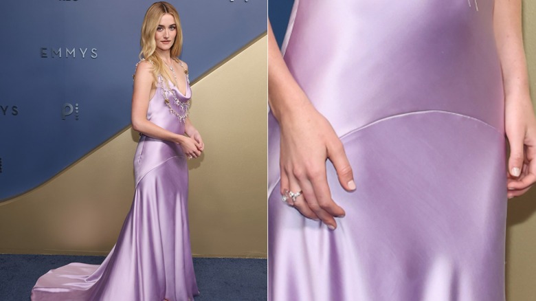 Sarah Pidgeon at the 2026 Emmys in a lavender dress with a close-up of her nails