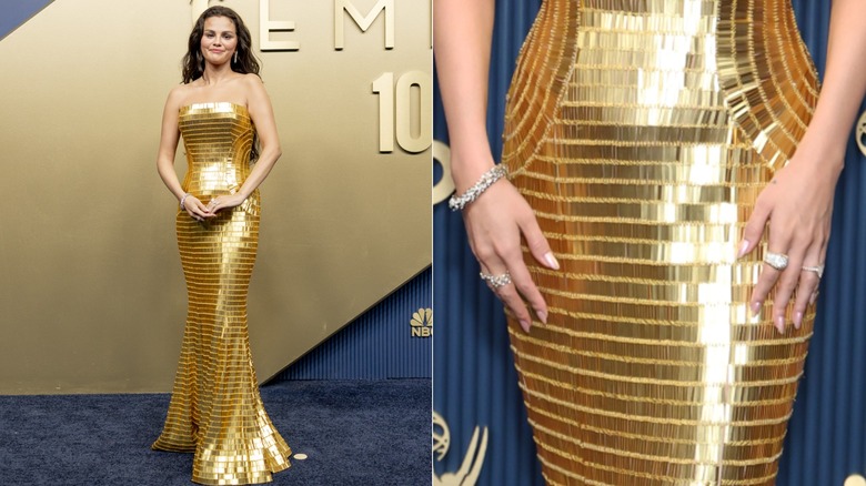 Selena Gomez in a gold dress at the 2026 Emmys and a close-up of her nails