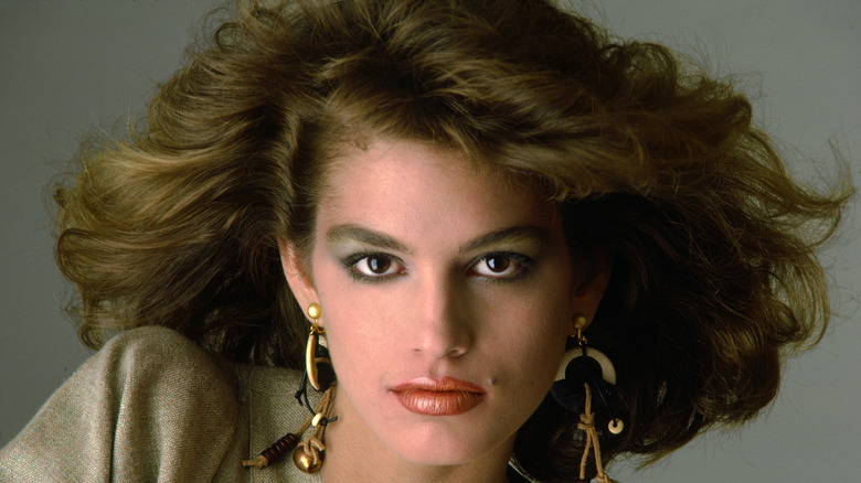 Cindy Crawford poses with voluminous hair and pink lipstick