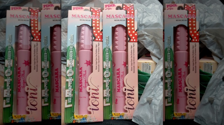 Two packages of Ioni's Pink Cowgirl Mascara laid next to each other with a plastic bag beside them
