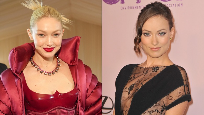 Split image of Gigi Hadid and Olivia Wilde wearing brown and silver eyeliner, respectively