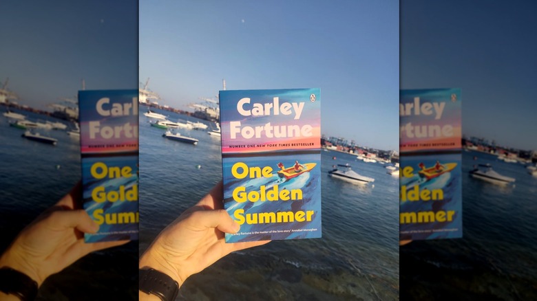 A hand holding up a copy of One Golden Summer in front of a mariner with boats