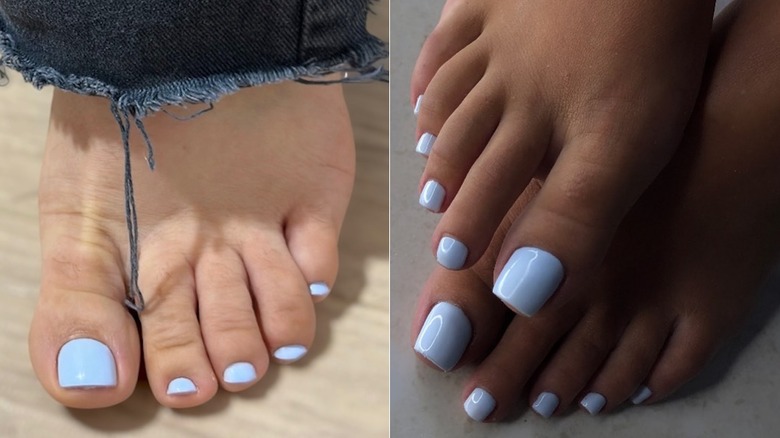 A fair skin foot and two darker skinned feet with a baby blue pedicure, side by side photos