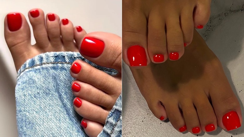 A cherry red manicure on a fair skin foot and medium skin tone foot, side by side photos
