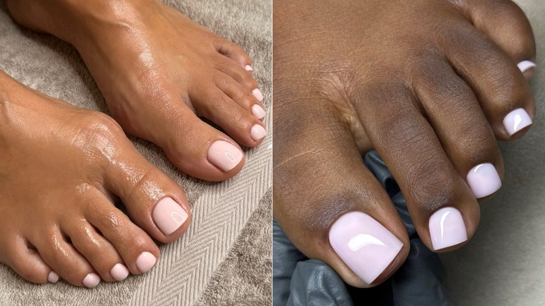 A blush pink pedicure on a medium and darker skin tone, side by side photos