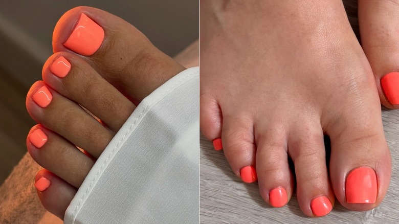 Side by side pictures showing coral nail polish on two feet