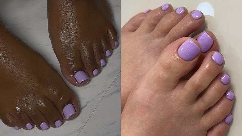 A lilac pedicure on dark skin and light skin, side by side photos