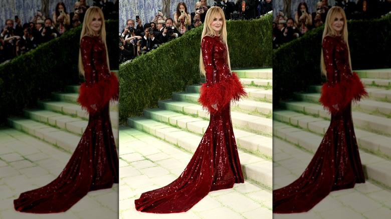 Nicole Kidman on the Met steps in a sparkling red gown