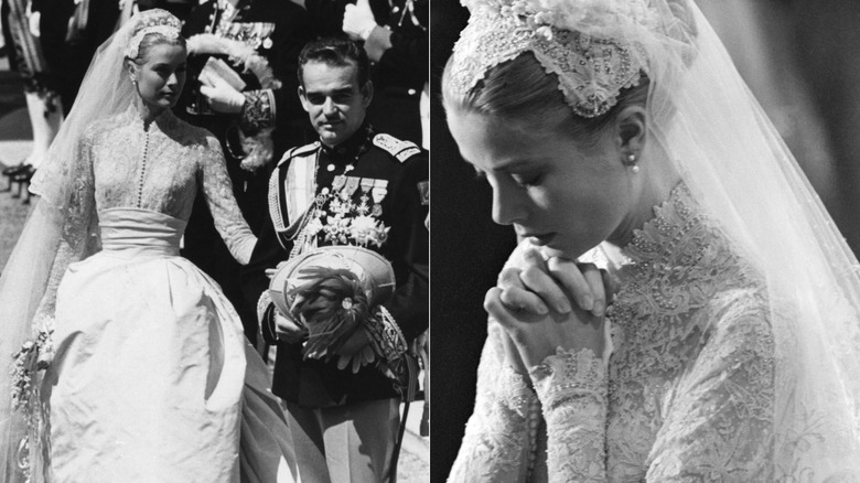 Side by side pics of Grace Kelly in her wedding dress