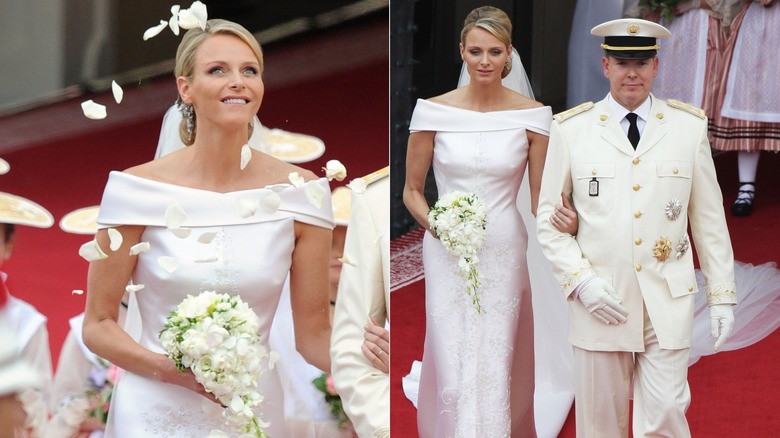 Side by side pics of Princess Charlene in her wedding dress