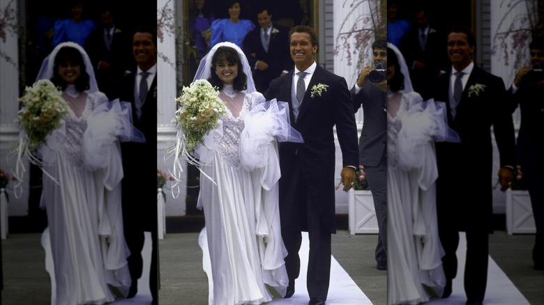 Maria Shriver in a wedding gown and holding a bouquet next to Arnold Schwarzenegger