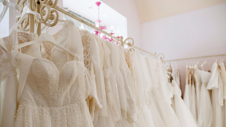 A rack of wedding dresses