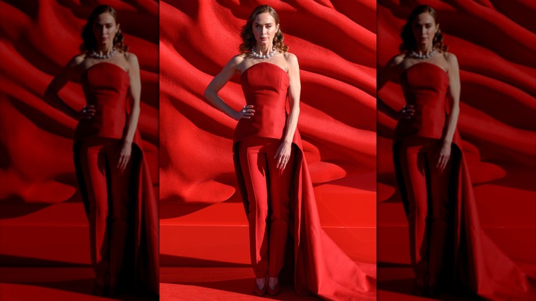 Emily Blunt in a monochrome red ensemble at the European premiere of "The Devil Wears Prada 2"