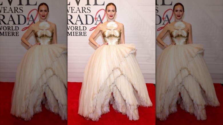 Emily Blunt posing in a beige ballgown at the New York premiere of "The Devil Wears Prada 2"