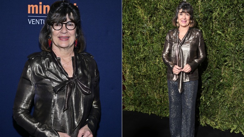 Christiane Amanpour in a shiny top and pants in London in February 2025