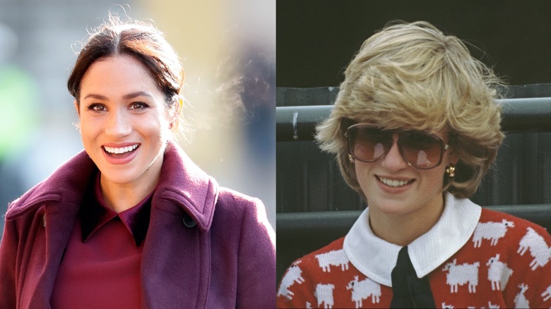 Meghan Markle in London in 2018; Princess Diana at a polo match in 1983