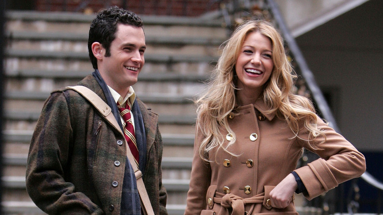 A shot from the set of "Gossip Girl" featuring Penn Badgley and Blake Lively