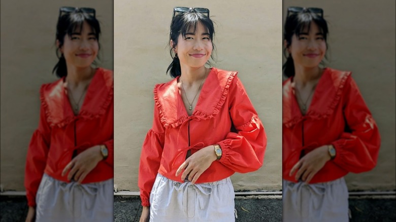 woman in red copenhagen blouse