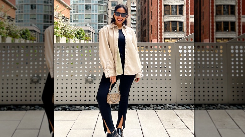 Woman wearing split hem jeans