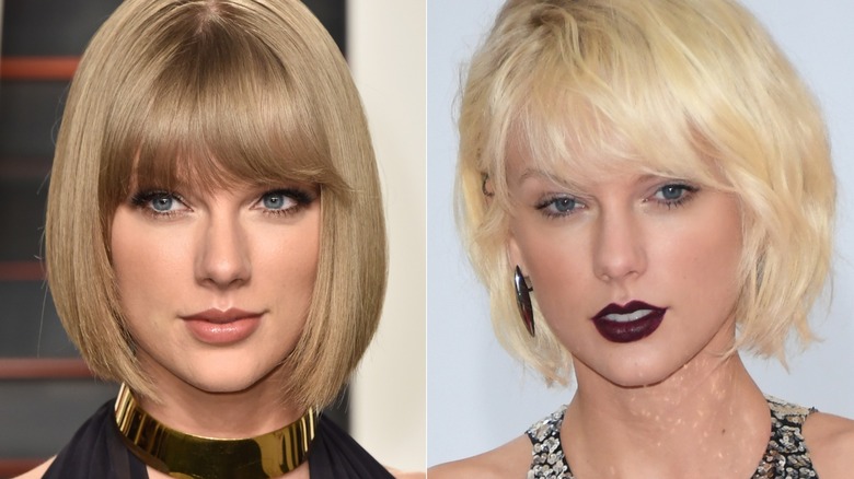 Taylor Swift on the red carpet with glowy makeup and a sleek bob & on the red carpet with dark lipstick and bleached hair in 2016, side by side photos