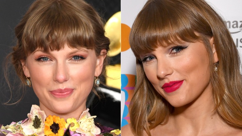 Taylor Swift wearing glowy, bronze makeup on the red carpet in 2023, side by side photos