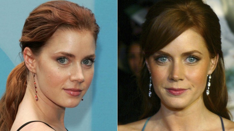 Amy Adams posing over her shoulder on the red carpet in 2004 and slightly smiling with dark-red hair in 2005