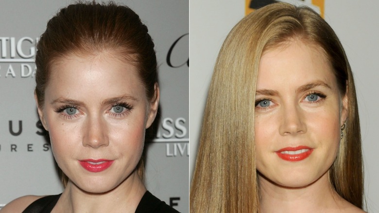 Amy Adams wearing bright lipstick during two red carpet appearances in 2008