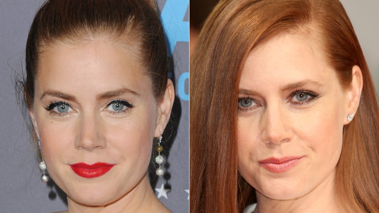 Amy Adams slightly smiling on the red carpet at two events in 2015