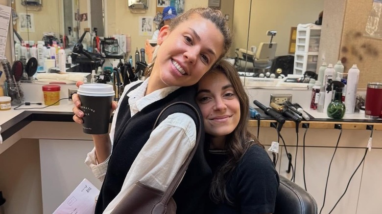 Kristen Vaganos posing with Kate Mansi in the hair and makeup room on the set of General Hospital