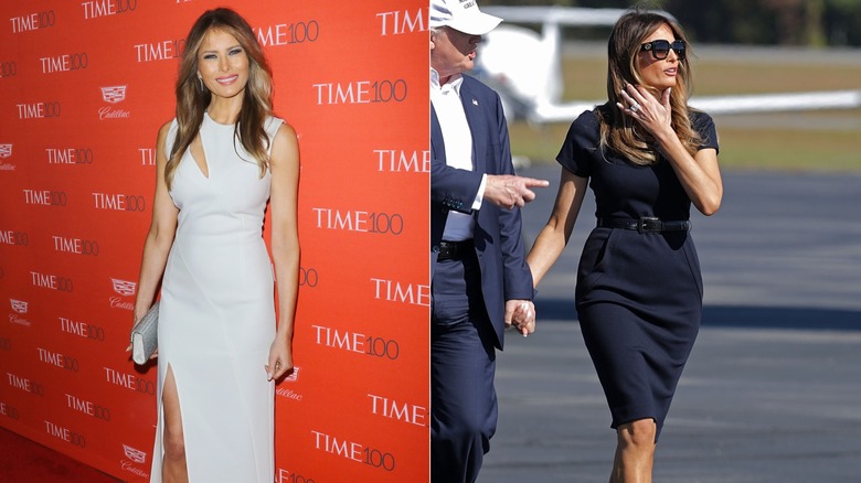 Photo of Melania Trump on the red carpet in 2016, wearing a white dress with a thigh slit, next to a photo of her and Donald Trump walking together