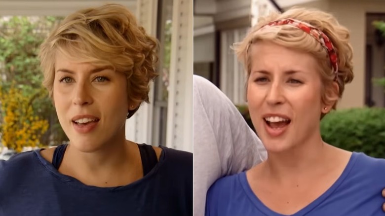 Erin Napier with wavy, short hair in the first episode of "Home Town," side by side photos