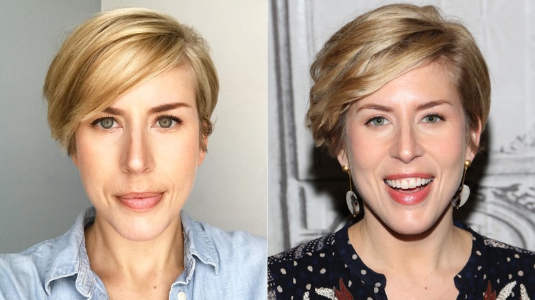 Erin Napier in 2019 and 2020 with short hair and dramatic side bangs
