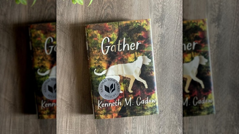A copy of the book "Gather" laying on a table next to a plant