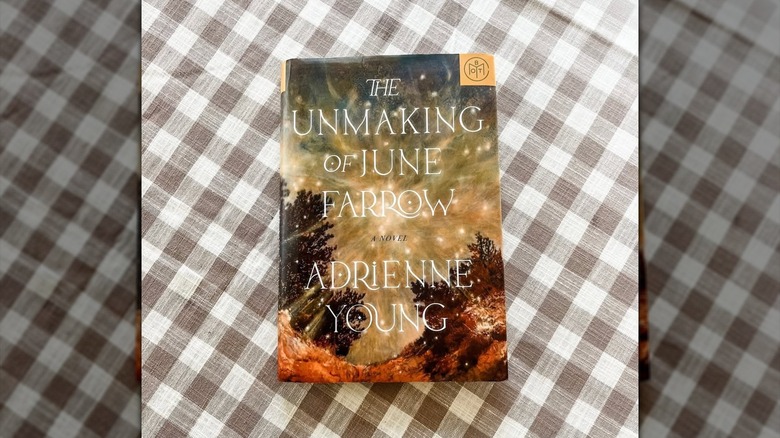 A copy of "The Unmaking of June Farrow" laying on top of a gingham cloth