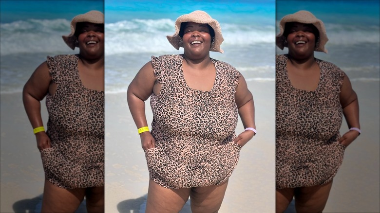 Woman in a leopard print swimsuit