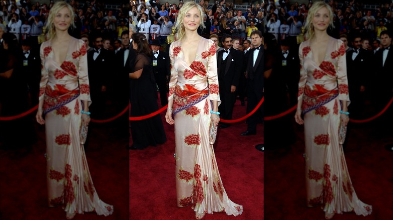 Cameron Diaz on the red carpet in a floral silk wrap dress