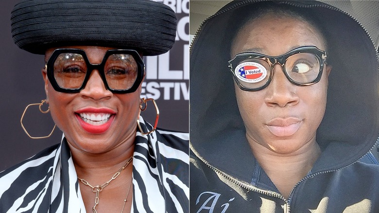 Aisha Hinds with and without makeup, side by side photos