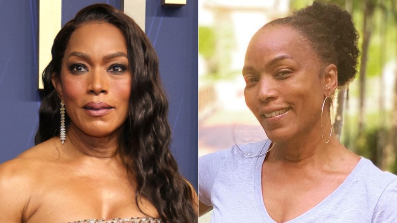 Angela Bassett with and without makeup, side by side photos