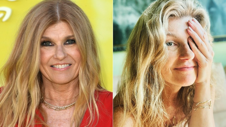 Connie Britton with and without makeup, side by side photos