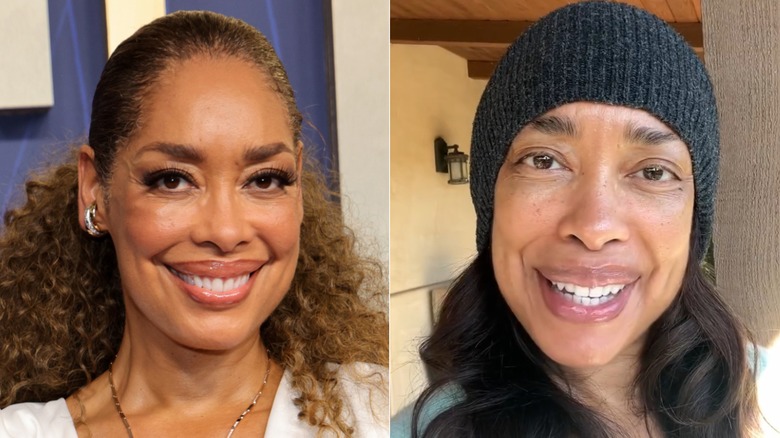 Gina Torres with and without makeup, side by side photos