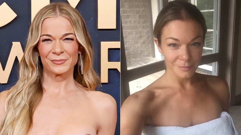 LeAnn Rimes with and without makeup, side by side photos