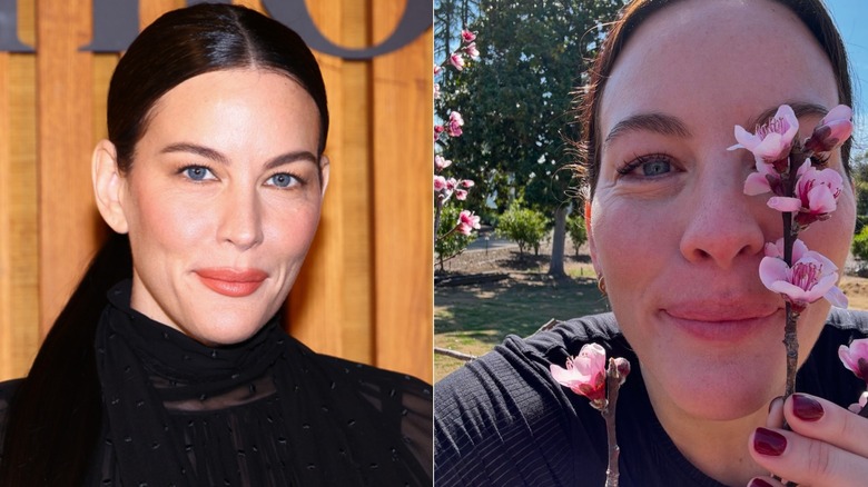 Liv Tyler with and without makeup, side by side photos