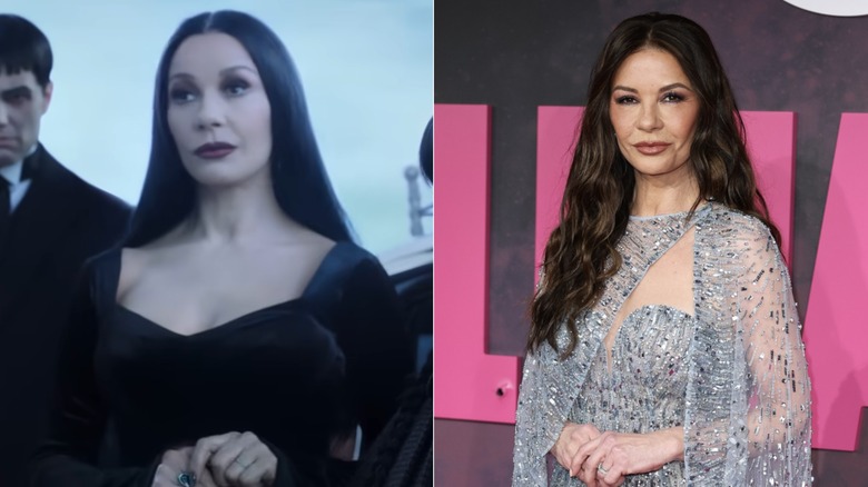 Catherine Zeta Jones in her character on Netflix's "Wednesday" and in real life in a silver gown