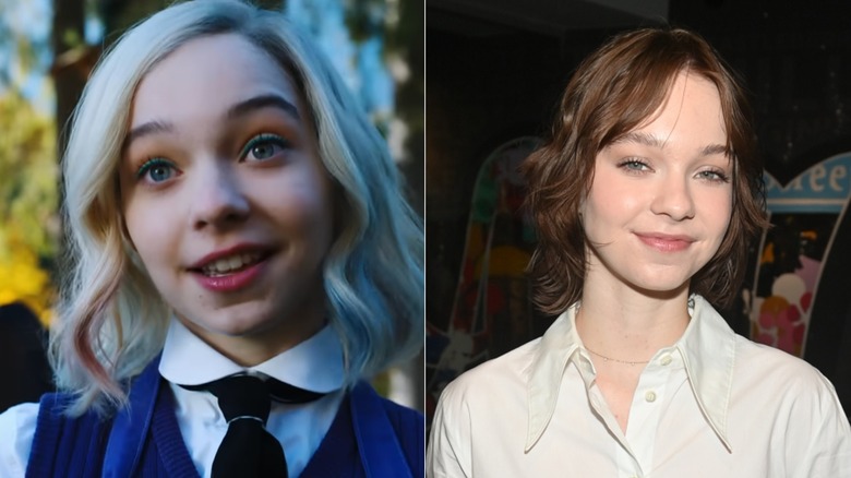 Emma Myers in her character on Netflix's "Wednesday" and in real life at an event