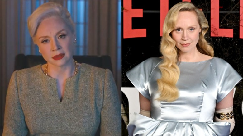 Gwendoline Christie in her character on "Wednesday" and in real life on the red carpet in silver